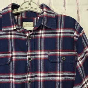 Jachs NY Mens Flannel Shirt Large Navy Blue Red White Plaid Button Down Cotton